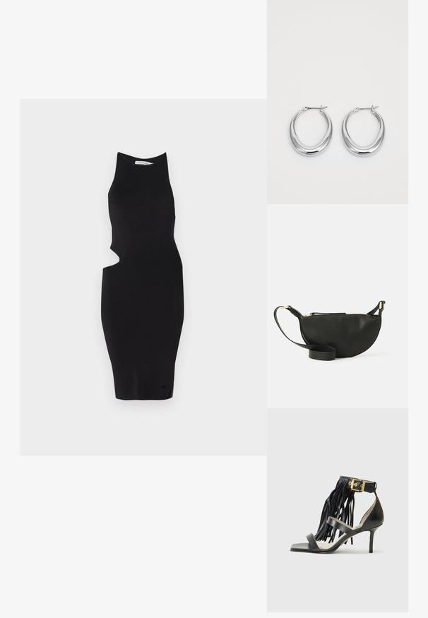 Melnā ribota adīta kleita ar augstu apkakli un asimetrisku izgriezumu kreisajā pusē, pielāgota piegriezuma, ceļgalu garumā.; Melna augsta papēža sandaļa ar frēzēšanas detaļām, potītes siksniņa ar zelta elementiem, plakans kvadrāta purngals un divas krustojošas siksnas pār vampu.; Melnas ādas plecu soma ar pusmēness formu, teksturētu virsmu, zelta rāvējslēdzēju un plakanu siksnu. Kompakts dizains, kas piemērots svarīgākajām lietām.; Pulētas sudraba pusmēness formas auskaru pāris ar eņģu sprādzēm uz balta fona.