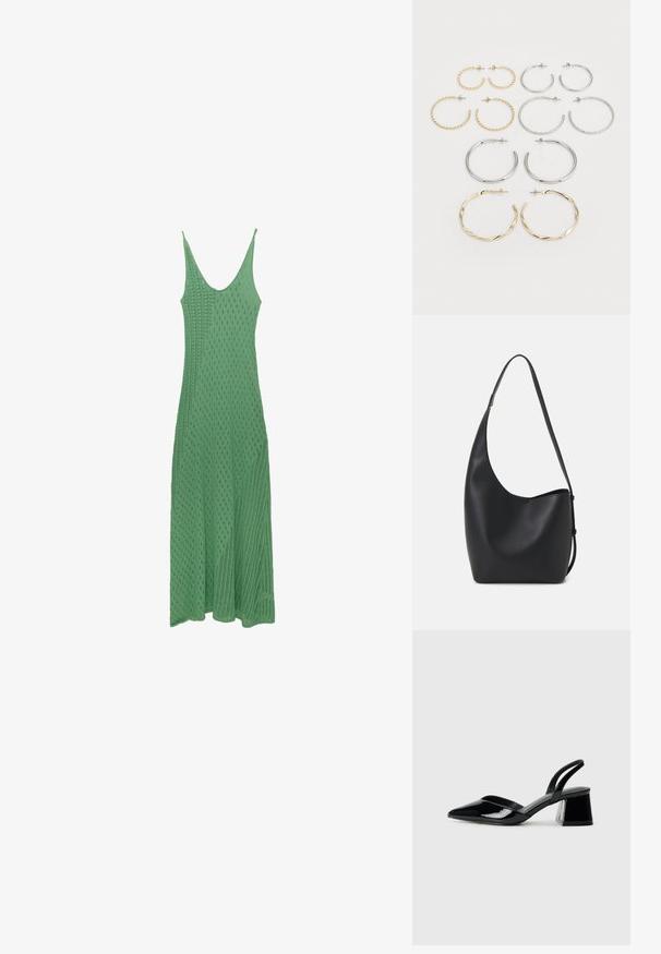 Grünes, gestricktes Midikleid mit einem runden Ausschnitt, das ein strukturiertes Rautenmuster und dünne Träger aufweist und bis zu einem ausgestellt geschnittenen Saum reicht.; Schwarze Lackleder-Slingback-High Heels mit spitzem Schuh und einem geometrischen Blockabsatz. Verfügt über ein schlankes, minimalistisches Design und eine glatte Textur.; Schwarze Leder-Hobo-Tasche mit einer glatten Textur, geschwungener Form und einem einzelnen verstellbaren Tragegurt; verfügt über eine weite Öffnung am oberen Ende.; Set aus zwölf Ohrhängern in Silber- und Goldtönen. Enthält gedrehte, glatte und strukturierte Designs in verschiedenen Größen und Oberflächen.