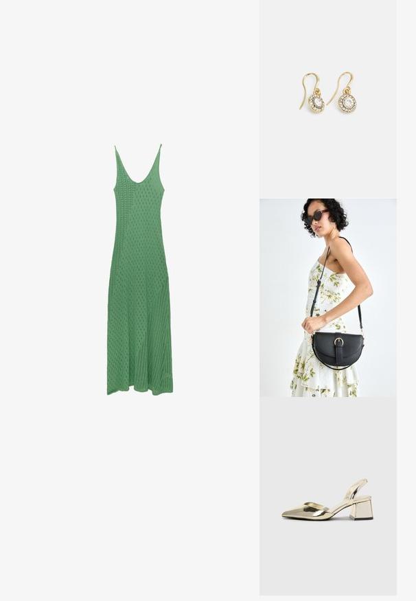 Groene gebreide midi-jurk met een ronde halslijn, voorzien van een gestructureerd ruitenpatroon en dunne bandjes, die eindigt in een flared zoom.; Gouden, metalen slingback hakken met een spitse neus en een chunky hak. Glad oppervlak, minimalistisch ontwerp en een smalle band.; Zwarte leren handtas met een gebogen vorm, afneembare schouderband en gouden hardware. De tas heeft een klep met een gespsluiting.; Goudkleurige oorbellen met ovaalvormige heldere kristallen omringd door kleinere heldere stenen, met een haakontwerp voor een veilige draagervaring.
