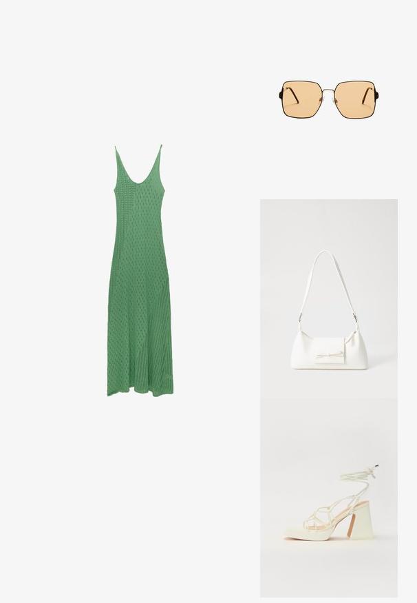Grünes, gestricktes Midikleid mit einem runden Ausschnitt, das ein strukturiertes Rautenmuster und dünne Träger aufweist und bis zu einem ausgestellt geschnittenen Saum reicht.; Weiße High-Heel-Sandale mit einem klobigen Absatz, die über ein Riemchendesign und ein Knöchelband verfügt. Glatte Textur mit einer Plattform vorne für zusätzliche Höhe.; Quadratische Sonnenbrillen mit braunen Gläsern und einem dünnen schwarzen Metallrahmen. Verfügt über schräg gestaltete Bügel und verstellbare Nasenpads für zusätzlichen Komfort.; Weiße synthetische Handtasche in dreieckiger Form, flache Vorderklappe und Schleifendetail, verstellbarer Trageriemen, glatte Textur und minimalistisches Design.