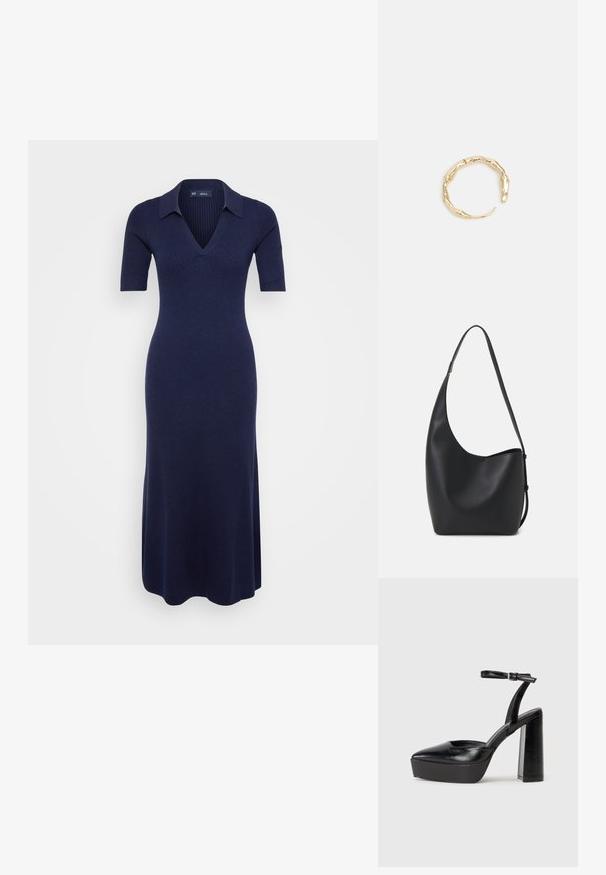 Tumesinine ribakootud kleit V-kaelusega ja lühikeste varrukatega, millel on tõmblukk kehaosa ja laienev seelik, valmistatud pehmest kangast.; Mustad platvormi kontsad terava ninaga ja reguleeritava pahkluuraamiga. Valmistatud siledast nahast, funktsioneerib massiivse plokknäheeliga.; Mustast nahast hobo kott, millel on sile tekstuur, kumer kuju ja üks reguleeritav rihm; peal on lai avaus.; Kuldtoonis sõrmus, millel on orgaaniline, keerdunud disain sileda tekstuuri ja kitsenevate otstega, luues kaasaegse skulptuurilise välimuse.