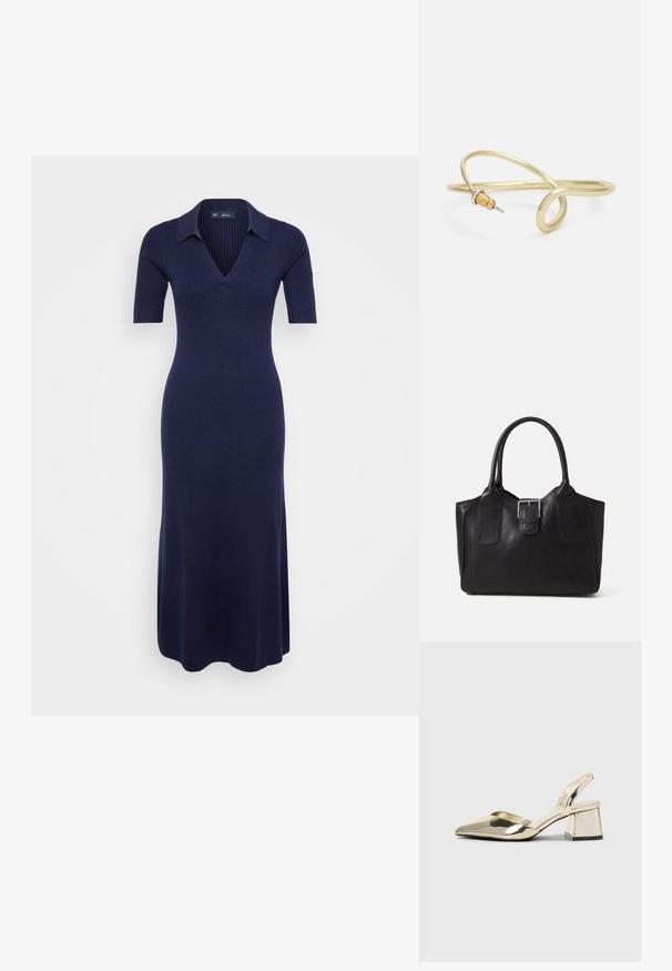 Mornarsko modra pletena obleka z V-izrezom in kratkimi rokavi, ki ima prilega telesu zgornji del in razširjeno krilo, izdelana iz mehkega materiala.; Zlati, kovinski slingback čeveljci z ostrim nosom in masivnim peto. Gladka tekstura, minimalistična zasnova in ozka zanka.; Črna usnjena torba s gladko teksturo, strukturirano obliko, dvema ročkama in izrazitim srebrnim sponko na sprednji strani.; Zlato obarvan kovinski zapestnica s tekočim, ukrivljenim dizajnom. Ima majhen, izstopajoč srebrn poudarek na enem koncu.