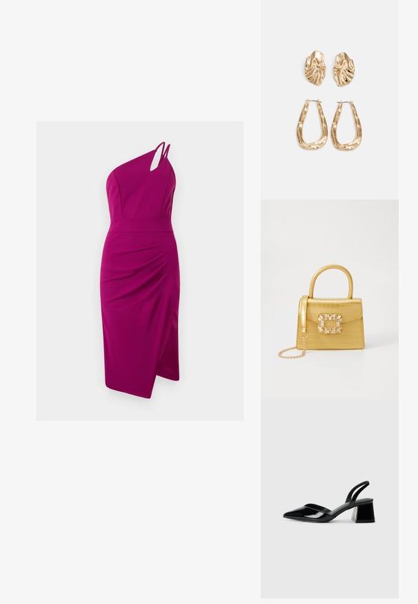 Vestido fúcsia de um ombro só com detalhe recortado, corpete ajustado, lado franzido e saia até ao joelho, feito de tecido suave.; Sandy em verniz preto com salto slingback, ponta afilada e salto geométrico. Apresenta um design elegante e minimalista com textura suave.; Bolsa amarela em pele de crocodilo falsa, com um design estruturado, pega no topo, alça de corrente removível e decoração de cristal no fecho.; Brincos em tom de ouro com formas onduladas e texturizadas. Inclui studs escultóricos com presilha e um design de argola aberta com um acabamento martelado.