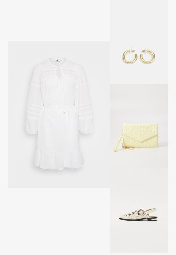 Λευκό φόρεμα με μακριά φουσκωτά μανίκια, λαιμό με ρυθμιζόμενο κορδόνι και ραμμένο τελείωμα. Διαθέτει δαντελένιες λεπτομέρειες και εφαρμοστή μέση για ρυθμιζόμενο στυλ.; Σανδάλια slingback σε λευκό δέρμα με πολλές φαρδιές ζώνες και ασημένιες αγκράφες; επίπεδη σόλα με μικρή μαύρη φτέρνα και μεταλλικά αξεσουάρ.; Κίτρινο πλεκτό πορτοφόλι με καπάκι, αποσπώμενη λωρίδα καρπού και χρυσή αλυσίδα. Λείος υφής και ορθογώνιο σχήμα.; Χρυσά σκουλαρίκια κρίκοι με ομαλή, γυαλιστερή επιφάνεια. Κυκλικός σχεδιασμός που διαθέτει μια μικρή βάση και διαφανή στήριξη για ασφαλή χρήση.