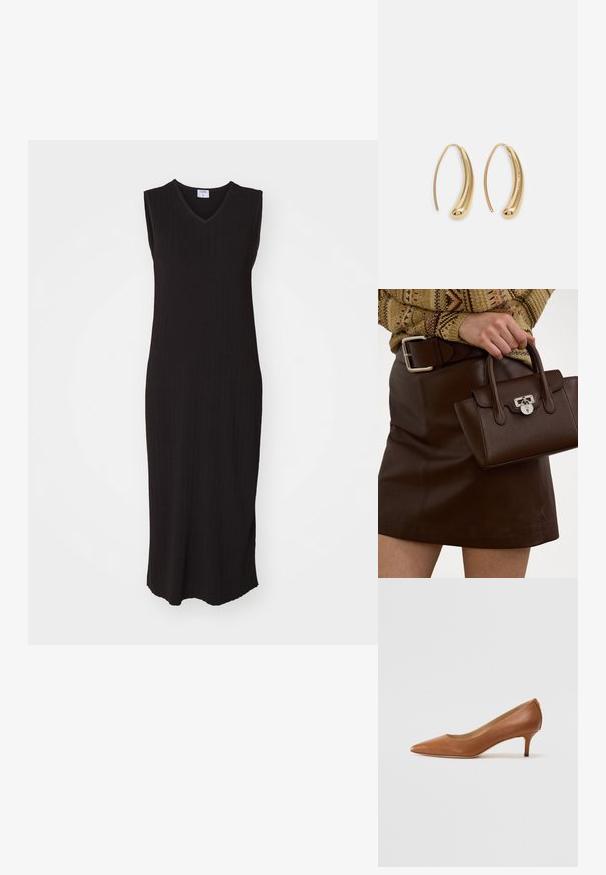 Svart ribbad ärmlös klänning med V-ringning, med rak skärning och sidspringor, tillverkad av ett mjukt stickat material.; Lauren Ralph Lauren ADRIENNE - Pumps - deep saddle tan; Brun läderhandväska med texturerad yta och silverdetaljer, hålls med en hand bredvid en brun läderkjol och en mönstrad tröja.; Guldtonade metallörhängen i en kurvad, avlång form. Har en slät, glänsande yta och en rundad spets för en extra detalj.