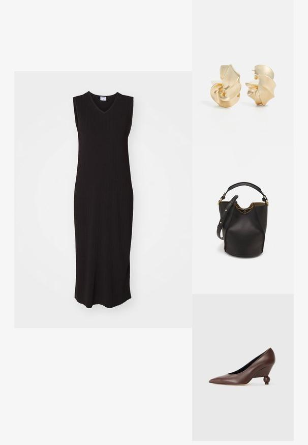 Mustassa ribbipintaisessa hihattomassa mekossa on V-pääntie, suora leikkaus ja sivuhalkiot, ja se on valmistettu pehmeästä neulemateriaalista.; Ruskeat nahkakengät, joissa on viistopohja, kärjessä terävä muoto ja pyöreä, pallomainen korko. Pintamateriaali on sileä, ja design on yksinkertainen, minimaalisin yksityiskohdin.; Mustan nahka-buckettikassi, jossa on teksturoitu pinta, kultaiset metalliosat ja avoin yläosa. Ominaisuuksiin kuuluu lyhyt kahva ja säädettävä olkahihna.; Koralliileveys kultasävyiset metallikorvakorut, joissa on veistoksellinen, spiraalimainen muotoilu. Ominaisuuksiin kuuluu sileät pinnat ja valoa heijastavat kaaret.