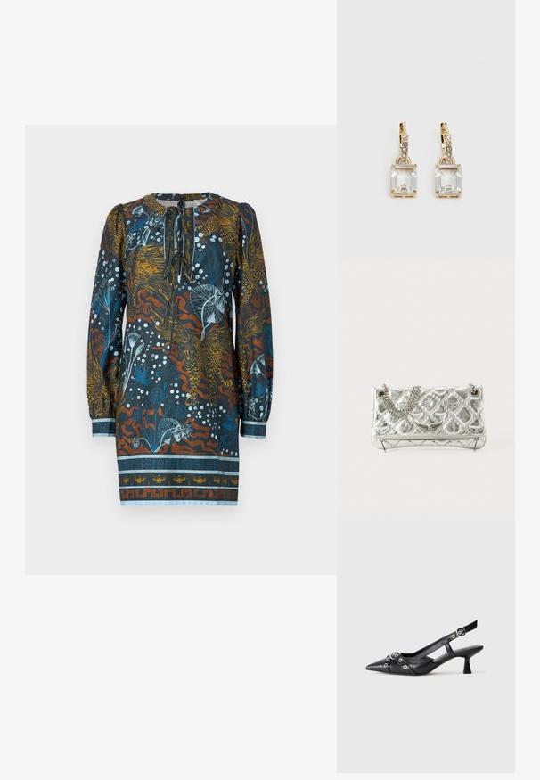 Több színű ruha kerek nyakkivágással, hosszú puffos ujjakkal, virág- és állatmintával kék, narancssárga és fehér színekben sötét háttérrel.; Fekete bőr slingback cipő hegyes orral, dekoratív pántokkal, fém szemekkel és alacsony blokk sarkú. Texturált felület.; Ezüst színű fémes kézitáska lánckarral, steppelt textúrával, díszített varrással és cipzáros záródással. A fonákján domború részletek találhatók.; Aranyszínű fülbevalók, melyek egy téglalap alakú, tiszta kristállyal díszítették, ami egy sor kis, kerek, tiszta kiegészítő alatt lóg. Letisztult, modern dizájn.