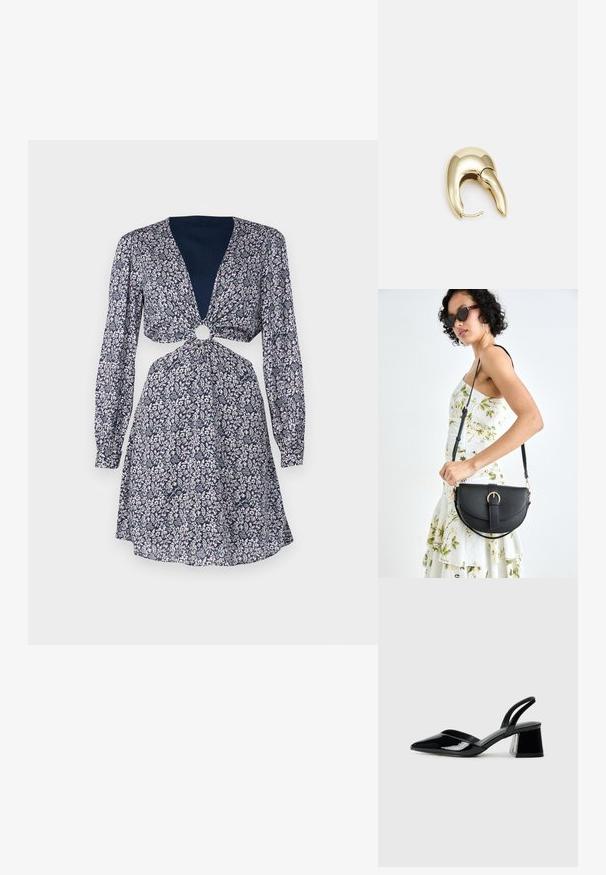 Cvjetna haljina s dugim rukavima, dubokim V-izrezom, vezanjem u struku s kružnim detaljem. Tamnoplava pozadina s ružičastim i bijelim cvjetovima.; Crne lakirane kožne sandale s otvorenom petom i špicastim vrhom, s geometrijskom blok petom. Imaju elegantan, minimalistički dizajn i glatku teksturu.; Crna kožna torba s lukovitim oblikom, odvojivim remenom i zlatnim detaljima. Torba ima preklop s kopčom.; Zlatne metalne naušnice s elegantnim, zakrivljenim dizajnom. Imaju karakterističan šiljast oblik, poliranu površinu i zatvaranje na šarku.