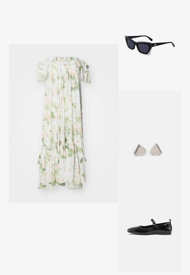 Needle & Thread IMMORTAL ROSE ARIA OFFSHOULDER ANKLE GOWN - Apģērbs svinīgiem gadījumiem - moonshine; Melna patentēta ādas dzīvokļu kurpe ar smailu purngalu, potītes siksniņu ar sprādzi un gludu, spīdīgu tekstūru. Zems papēdis komfortam.; Melni pārmēru saulesbrilles ar ģeometrisku formu, kas aprīkotas ar tumšiem stikliem un kontrastējošu pelēku akcentu uz rāmja. Logo uz kājas.; Sudraba metāla auskari ar gludu, asarveida formu un pulētu apdari. Smalkas gravējumi pievieno detalizāciju. Minimālisma dizains.