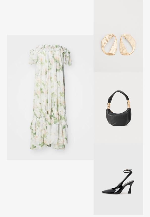 Needle & Thread IMMORTAL ROSE ARIA OFFSHOULDER ANKLE GOWN - Proginė apranga - moonshine; Juodai lakuoti slingback aukšti kulniukai su smailiu nosiu, reguliuojama čiurnos juostele ir vidutinio dydžio blokiniu kulnu. Lygus paviršius su blizgiu apdaila.; Juodas odinis rankinukas apvalios formos, minkštos tekstūros su susietu rankena ir auksinės spalvos detalėmis. Užtrauktuko uždarymas.; Nedidelis nereguliarus ovalo formos aukso tono metalinių auskarų pora su tekstūruota, šiek tiek kalta paviršiumi ant balto fono.