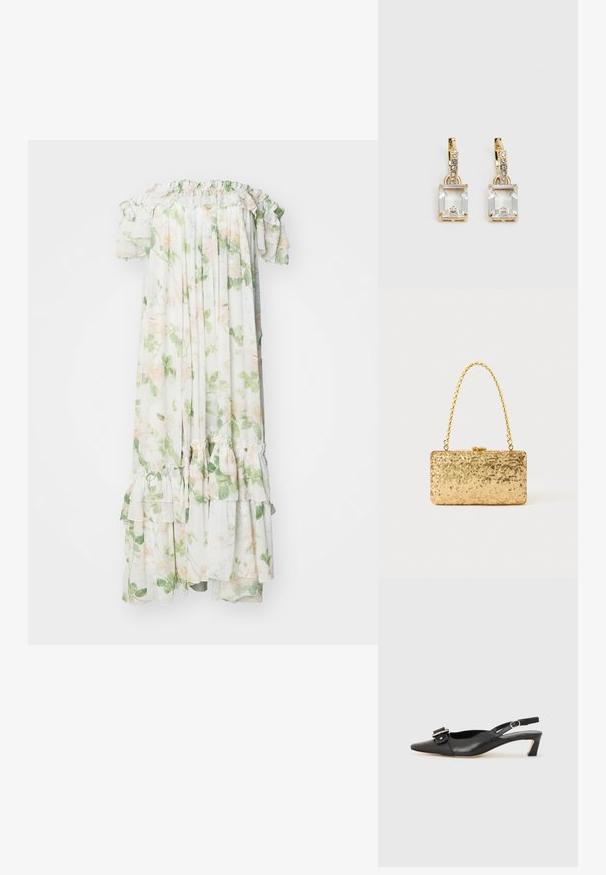 Needle & Thread IMMORTAL ROSE ARIA OFFSHOULDER ANKLE GOWN - Společenské šaty - moonshine; Černé kožené sandály s úzkou špičkou, malým podpatkem a dekorativní sponou na nártu. Hladký povrch, minimalistický design.; Zlatá flitrová kabelka ve tvaru obdélníku, s propleteným řetízkovým uchem a kovovým zapínáním, odrážející světlo s texturovaným povrchem.; Náušnice ve zlatém odstínu s obdélníkovým, průhledným krystalem zavěšeným pod řadou malých, kulatých průhledných akcentů. Elegantní, moderní design.