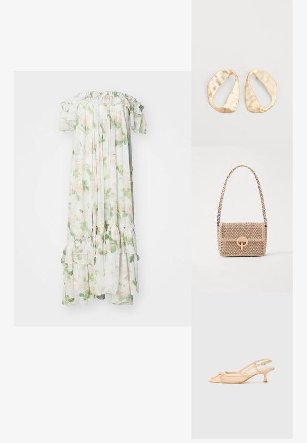 Needle & Thread IMMORTAL ROSE ARIA OFFSHOULDER ANKLE GOWN - Iltapuku - moonshine; Stuart Weitzman KITTY - Avokkaat - beige/barely beige; Vanessa Bruno MOON - Olkalaukku - beige/ivoire; Pari epämuodostuneita soikeita kultasävyisiä metallikorvakoruja, joissa on teksturoitu, hieman hakattu pinta valkoista taustaa vasten.