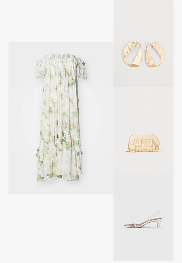 Needle & Thread IMMORTAL ROSE ARIA OFFSHOULDER ANKLE GOWN - Alkalmi viselet - moonshine; Fehér, pántos szandál enyhe sarokkal, vékony pántokkal és sima bőr textúrával; kis díszítő csattal rendelkezik.; Szőtt bézs táska, amelynek struktúrált kialakítása van, sima tetejével és hosszú pántjával. A texturált részletek fokozzák az összhatást.; Egy pár szabálytalan, ovális formájú, aranyszínű fém fülbevaló, enyhén kalapált felülettel, fehér háttéren.