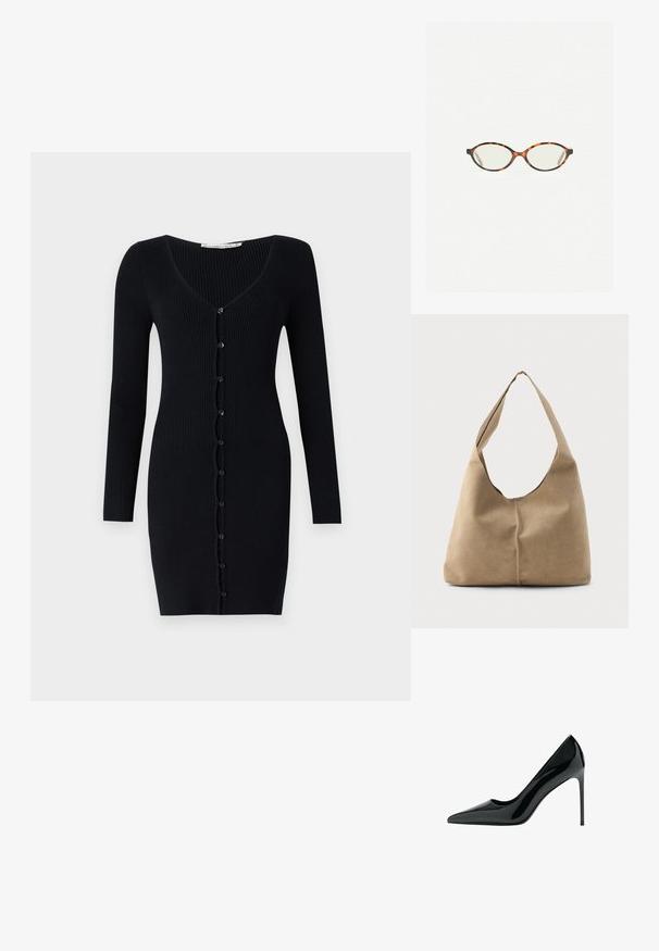 Črna kardigan obleka z rebrastim vzorcem, dolgimi rokavi, V-izrezom in gumbnimi zapiranji spredaj. Ima ozko, prilegajočo se silhueto.; Črne lakirane stiletto čevlje s koničastim prstom in gladko, sijočo teksturo; visok, ozek petec; minimalističen dizajn.; Kornjačaste očala z ovalnimi lečami in gladko, sijočo površino. Imajo tanke stranice z rahlim ovinkom na templjih. Prosojne leče.; Hobo torba iz mehkega bež nubuka z ohlapno obliko, širokim ramenskim trakom in ročno šivanim šivom po sprednji strani.