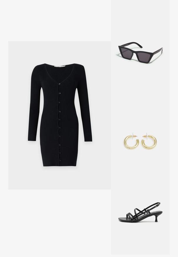 Csíkos fekete kardigán ruha hosszú ujjakkal, V nyakkivágással és gombos záródással elöl. Slim, testre simuló szabásvonal jellemzi.; Fekete magassarkú szandálok több keresztben átkötött pánttal. Simább anyag, hegyes orr és keskeny sarok. Állítható bokapánt kapcsos rögzítéssel.; Fekete, szögletes napszemüveg szürke lencsékkel; műanyagból készült, vastag karokkal, sima felülettel és látható hardver nélkül.; Arany fülbevalók sima, fényes felülettel. Kör alakú dizájn, amely kis kapoccsal és átlátszó tartozékkal rendelkezik a biztonságos viselés érdekében.