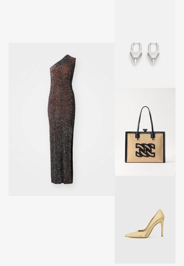 One-shoulder aftenkjole i mørkebrun med metalliske accenter. Har en tætsiddende silhuet, tekstureret stof og lodret ribbet mønster.; Guldmetalisk spids tå højhælet sko med stiletto hæl, vist fra siden på en ensfarvet lys baggrund.; Casadei BORSA - Håndtasker - voyage panama/nero; Sølv hjerteformede hængelåse med indgraveret "JA" og "NEJ" tekst, poleret finish, symmetrisk design og en robust metalklap.