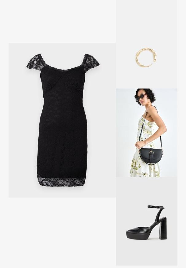 Juoda nėriniuota suknelė su trumpomis plazdančiomis rankovėmis, prigludusiu dizainu, apvaliu iškirpimu ir sudėtinga gėlių raštu visame paviršiuje. Apačia baigiasi nėriniais.; Juodi platforminiai aukšti kulniukai su smailiu kojų pirštu ir reguliuojamu kulkšnies dirželiu. Pagaminti iš lygaus odos, turi masyvų blokinį kulną.; Juodas odinis krepšys su išlenkta forma, nuimamu dirželiu ir auksiniais detalėmis. Krepšys turi kilpą su sagtimi.; Auksinės spalvos žiedas, turintis organišką, sukimosi dizainą su lygiu paviršiumi ir siaurėjančiais galais, sukuriantis modernią skulptūrinę išvaizdą.