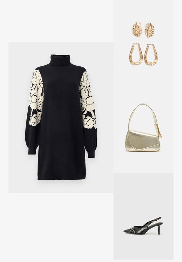 Abito a tubino nero in maglia con colletto alto e lunghe maniche a palloncino, caratterizzato da motivi floreali astratti in bianco e nero.; Scarpa slingback in vernice nera con punta affusolata, cinturini alla caviglia con fibbie in argento e accessori, e tacco sottile.; Borsa a mano metallica dorata con un design strutturato, superficie liscia e tracolla regolabile. Presenta una forma triangolare unica e cuciture minimaliste.; Orecchini in tono oro caratterizzati da forme ondulate eTexture. Comprendono chiusure clip-on scultoree e un design a cerchio aperto con finitura martellata.