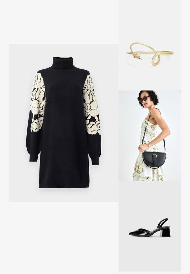 Robe en tricot noir à col montant avec de longues manches ballon présentant des motifs floraux abstraits noirs et blancs.; Escarpins en cuir verni noir avec bout pointu et talon bloc géométrique. Présente un design élégant et minimaliste ainsi qu'une texture lisse.; Sac à main en cuir noir avec une forme courbée, bandoulière amovible et des accessoires en or. Le sac est doté d'un rabat avec un détail de boucle.; Bracelet en métal couleur or avec un design fluide et courbé. Présente un petit accent argenté proéminent à une extrémité.