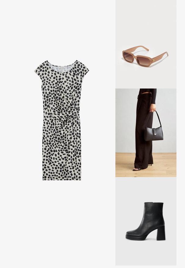 Rochie până la genunchi, de culoare bej deschis, cu un model în buline negre, având mâneci scurte tip cap și un detaliu de drapare laterală, fixat cu un accent metalic.; Botină din piele neagră, cu toc pătrat și talpă platformă, văzută din lateral pe un fundal alb simplu.; Ochelari de soare dreptunghiulari maro cu lentile graduarate, rame groase și un detaliu cu logo pe lateral. Material plastic neted, design minimalist.; Genți negre cu o formă structurată, textură netedă și un închizător metalic. Asortată cu pantaloni negri largi și sandale cu vârf deschis pe un podea din lemn.