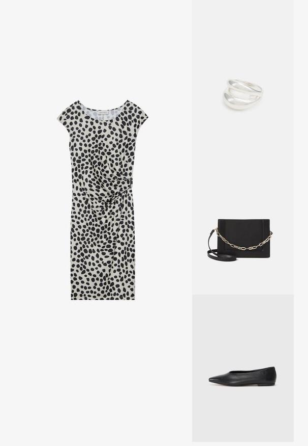 Põlvepikkune kleit helesbežis, millel on mustade täppidega muster, lühikeste kattevarrukate ja külje peal asuva drapeeringu detailiga, mis on kinnitatud metallilise aktsendiga.; Musthave mustris balletkingad, terav nina, minimaliseeritud disain, sile pind, madal konts, ilma nähtava riistvara või kaunistusteta.; Mustast nahast õlakott, mis omab siledat tekstuuri, ristküliku kuju ning esiküljel metallketi detaili. Reguleeritav rihm on kaasas.; Hõbedane kahekordne rõngas sujuva, poleeritud pinnaga. Omab voolavat, kõverat disaini, millel on kattuvad sektsioonid, et saavutada kaasaegne ilme.