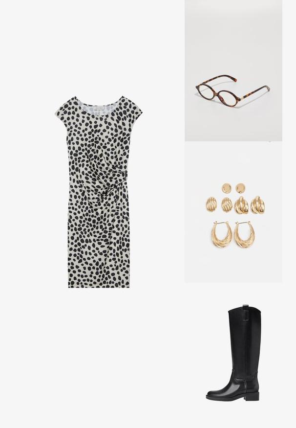 Haljina do koljena svijetlo bež boje s crnim točkicama, koja ima kratke rukave i bočni drapirani detalj učvršćen metalnim akcentom.; Crne čizme do koljena napravljene od glatkog sintetičkog materijala. Imaju zaobljen vrh, nisku blok petu i vertikalne šavove.; Načini naočala od žirafa u ovalnom okviru, prozirnim staklima i zlatnim akcentima. Ima zakrivljene noge i glatku, sjajnu završnu obradu.; Zlatni naušnice set koji se sastoji od tri para: teksturirane ovalne naušnice na zakovicu, naušnice valovitog dizajna i velike naušnice u obliku obruča s slojevitim izrezima.