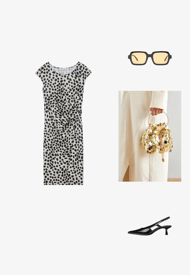 Sukienka do kolan w jasnym beżu z czarnym wzorem w kropki, z krótkimi rękawkami typu cap oraz bocznym drapowaniem z metalowym akcentem.; Czarne lakierowane czółenka na odkrytej pięcie z wąskim noskiem, z wykrojem po bokach i małym kwadratowym obcasem. Gładka faktura z minimalnymi akcentami.; Czarne prostokątne okulary przeciwsłoneczne z żółtymi szkłami, lekką oprawą i charakterystycznie prostymi krawędziami na zausznikach. Gładkie, błyszczące wykończenie.; Złota torebka worek z cekinami, z okrągłym uchwytem, ozdobiona błyszczącymi okrągłymi cekinami oraz teksturowanym materiałem. Wymiary nie są podane.