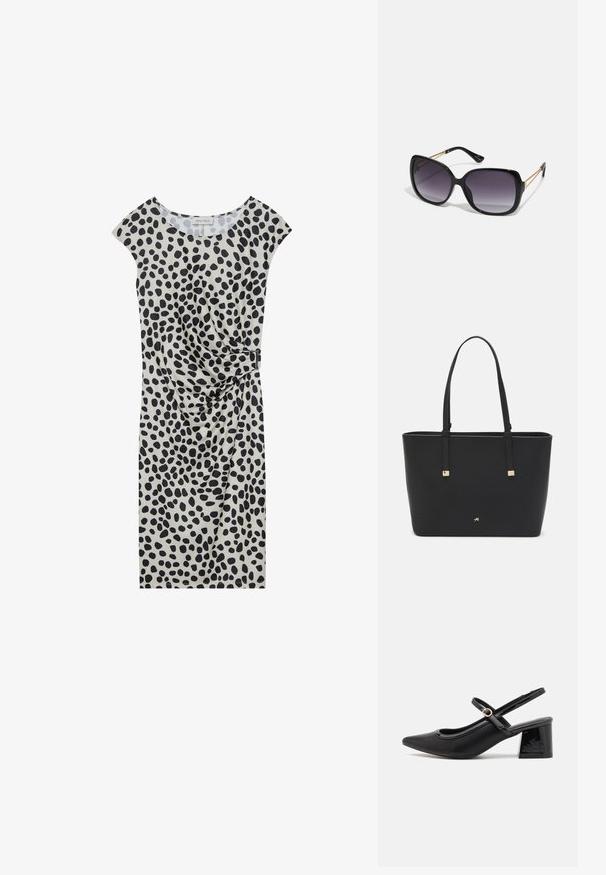 Kelio ilgio suknelė šviesiai smėlinė spalva su juoda taškų raštu, su trumpomis apykaklėmis ir šonu drapiruota detalė, pritvirtinta metaliniu akcentu.; Juodi patentinio odos slingback aukštakulniai su smailiu pirštu, apvaliu išpjovimu ir blokiniu kulnu. Papuošti auksiniu juostos akcentu.; Juodos didelės saulės akinių su pereinamais objektyvais, storomis rėmeliais ir auksinės spalvos grandinėmis ant šventyklų.; Juodas sintetinio pluošto rankinis krepšys, turintis paprastą stačiakampį dizainą, auksines kvadratines detales ir dvi rankenas.