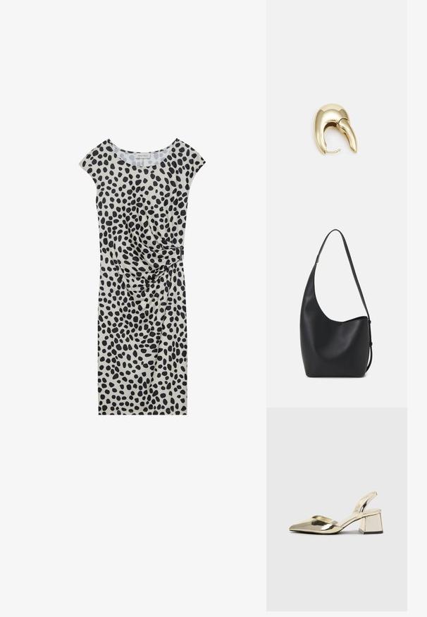 Knieumhüllendes Kleid in hellem Beige mit einem schwarzen gepunkteten Muster, das kurze Cap-Ärmel und ein seitliches Drapierungselement mit einer metallischen Akzentuierung aufweist.; Goldene, metallische Slingback-Absätze mit spitzem Zeh und dicker Ferse. Glatte Textur, minimalistisches Design und ein schmaler Riemen.; Schwarze Leder-Hobo-Tasche mit einer glatten Textur, geschwungener Form und einem einzelnen verstellbaren Tragegurt; verfügt über eine weite Öffnung am oberen Ende.; Ohrringe aus goldfarbenem Metall mit einem schlanken, geschwungenen Design. Sie verfügen über eine markante, spitze Form, eine polierte Oberfläche und einen Scharnierverschluss.