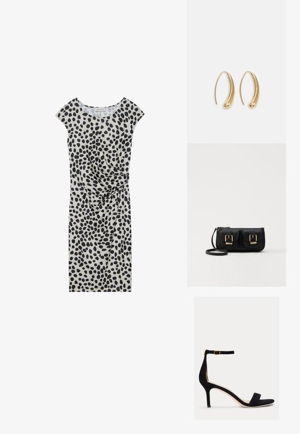Knee-længde kjole i lys beige med et sort pletmønster, som har korte capærmer og en side-drapping detalje sikret med en metallisk accent.; Lauren Ralph Lauren ALLIE MID HEEL SUEDE SANDAL - Sandaler - black; Sort læder crossbody taske med to frontlommer, guldspænder, lynlåslukning og en slank rem. Struktureret overflade og kompakt rektangulær form.; Guldfarvede metal hoops øreringe med en bøjet, forlænget form. Har en glat, skinnende overflade og en afrundet spids for ekstra detalje.