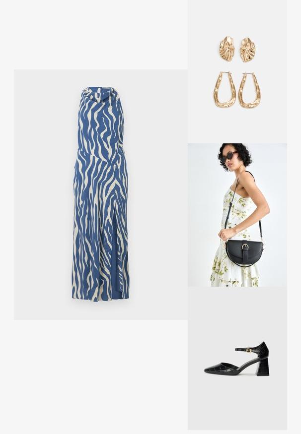 Plava i krem bezrukava haljina s uzorkom valova, drapiranom izrezom i prorezom sa strane, napravljena od glatkog, laganog materijala.; Crna lakirana visoka potpetica s izoštrenim prstom, remenom oko gležnja i teksturiranom krokodilskom šablonom. Dizajn kvadratne blok potpetice.; Crna kožna torba s lukovitim oblikom, odvojivim remenom i zlatnim detaljima. Torba ima preklop s kopčom.; Naušnice zlatne boje s teksturiranim, valovitim oblicima. Uključuju skulpturalne kopče i dizajn otvorene kružnice s kovanom završnom obradom.