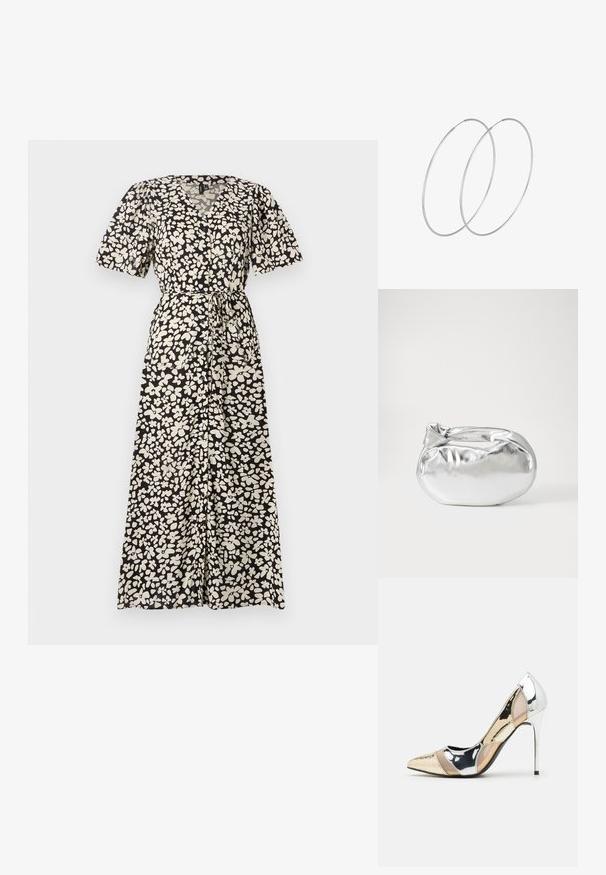 Maxi šaty v čiernej farbe s bielym kvetinovým vzorom, s krátkymi puff rukávmi, výstrihom do V a viazacím opaskom v páse.; Lodičky s špičatou špičkou v striebornom, zlatom a telovom farebnom prevedení. Lesklý povrch s výrezovým dizajnom, s ihlovým opätkom.; Strieborná metalická taška s mäkkým, zaobleným tvarom a uzáverom s uzlíkom. Vyrobená z hladkej syntetickej kože.; Strieborné kruhové náušnice s minimalistickým dizajnom. Cirkulárny tvar, hladký povrch a tenký profil. Ľahké s lesklým povrchom.
