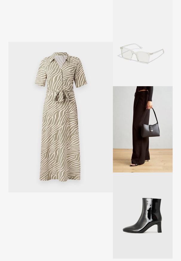 Rochie maxi de culoare verde măslin, cu un model de dungi ondulate bej, mâneci scurte, închidere cu nasturi pe față și un accent cu talie legată. Textură de țesătură netedă.; Botine negre din piele lacuită, cu vârful ascuțit și toc bloc de înălțime medie. Textură netedă și design minimalist.; Ochelari de vedere cu rame pătrate din plastic transparent, dotate cu lentile translucide și accente aurii pe temple pentru un detaliu suplimentar.; Genți negre cu o formă structurată, textură netedă și un închizător metalic. Asortată cu pantaloni negri largi și sandale cu vârf deschis pe un podea din lemn.