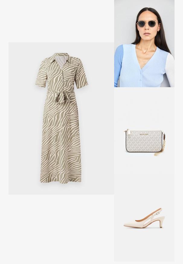 Vestido maxi em verde oliva com um padrão de riscas onduladas em bege, mangas curtas, frente com botões e um detalhe de cintura amarrada. Tecido de textura suave.; Sandal com salto branco, ponta afilada, material superior liso, salto bloco baixo e design com recortes laterais, com tira ajustável.; Óculos de sol redondos com lentes escuras e armação dourada. O modelo usa um cardigan canelado azul claro com botões e mangas brancas em contraste.; Pochete Michael Kors em tela revestida bege com padrão repetido do logotipo MK, ferragens douradas e uma alça de corrente destacável.