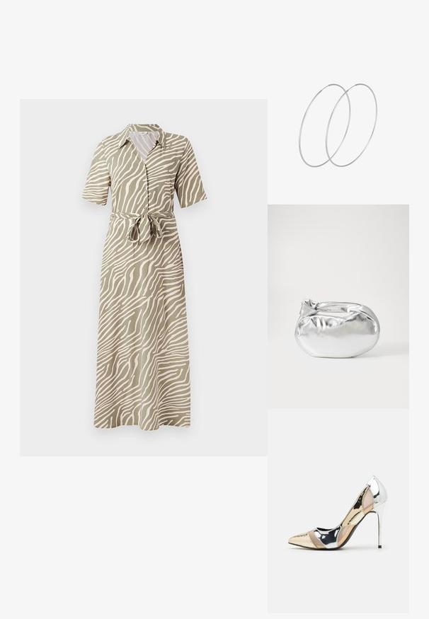 Aliejiniu žaliu maxi suknele su smėlio spalvos bangų raštu, trumpomis rankovėmis, sagų užsegimu priekyje ir surištu liemeniu. Lygus audinio paviršius.; Aštrus pirštas aukštakulnis batelis su sidabro, aukso ir nuogų spalvų deriniu. Blizgus paviršius su išpjovos dizainu, su stiletto kulnu.; Sidabrinė metalinė maišelio forma su švelnia, apvalia forma ir mazgu užveriamu viršumi. Pagaminta iš lygios dirbtinės odos medžiagos.; Sidabrinės pusmėnulio auskarai minimalistiniu dizainu. Apskritimo forma, lygus paviršius ir plonas profilis. Lengvi su poliruotu apdailu.