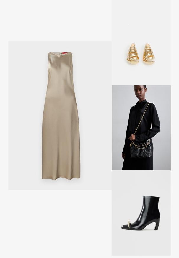 Sleeveless dress in beige satin, featuring a round neckline, streamlined shape, and a back zipper closure. Smooth texture with minimal detail.; Black ankle boot made of glossy leather, featuring a pointed toe and a decorative gold and silver accent at the front. Block heel design.; Black quilted leather handbag with a gathered top, gold chain strap, and a rectangular shape, held against a plain background.; Gold-toned earrings shaped like elongated cones with spiral detailing. Smooth surface with reflective finish, featuring curved accents.