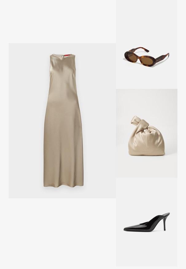 Ujjatlan bézs selyemruha, kerek nyakkivágással, könnyen formázható szabással és hátul cipzárral. Sima textúra, minimális részletekkel.; Fekete lakkbőr magas sarkú mules cipő, hegyes orral és karcsú sz Siluettel, nyitott hátsó résszel és vékony stilettó sarokkal.; Tarka mamuszok, ovális lencsékkel, barna árnyalatban, arany díszítéssel a szárakon. Vastag keret, fényes felülettel és sima textúrával.; Beige selyem táska kötött felső résszel, amely lágy, sima textúrával és kerek formával rendelkezik, egyszerű és elegáns dizájnnal.; Rabanne XL LINK DOUBLE HOOP EARRING - Fülbevalók - silver-coloured