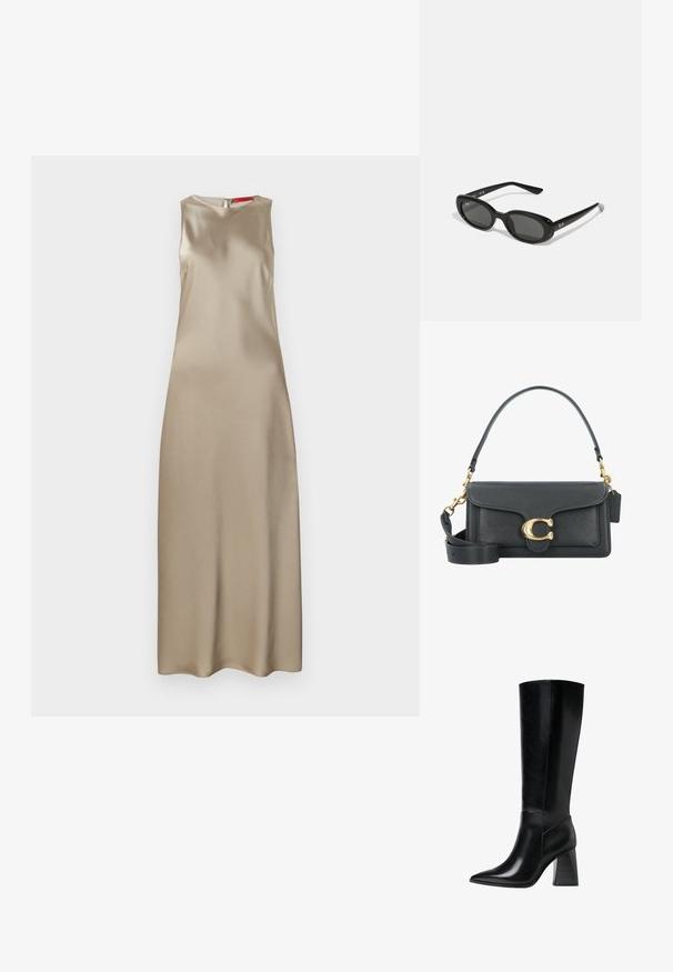 Abito senza maniche in satin beige, con scollatura rotonda, forma affusolata e chiusura con zip sul retro. Texture liscia con dettagli minimi.; Stivali neri in pelle al ginocchio con punta affilata, texture liscia e tacco robusto scalanato per stabilità. Design elegante con accentuazioni minime.; Occhiali da sole neri con lenti ovali, montatura in plastica lucida e stecche sottili. Presentano il logo Ray-Ban in bianco sul lato.; Borsa a tracolla in pelle nera con accessori in metallo dorato, dotata di una chiusura distintiva, di una tracolla rimovibile e di una superficie texturizzata.
