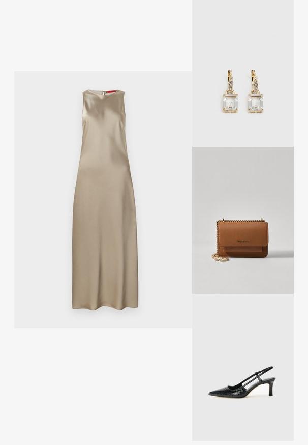 Ärmlös klänning i beige satin med rund halsringning, strömlinjeformad silhuett och dragkedja i ryggen. Slät textur med minimal detalj.; Svart lackskin slingback-häl med spetsig tå, med texturerad ormskinnsprint, justerbar rem och en kort, texturerad blockklack.; Brun texturerad läder crossbody-väska med guldkedja och klaffstängning. Framsidan har logotypdetalj och en ficka under klaffen.; Guldtonade örhängen med en rektangulär, klar kristall som hänger under en rad av små, runda klara accenter. Snygg, modern design.
