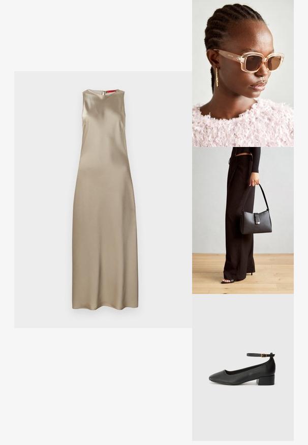 Ärmelloses Kleid aus beigem Satin mit rundem Ausschnitt, schlanker Silhouette und einem Rückenreißverschluss. Glatte Textur mit minimalen Details.; Schwarze Lederpumps mit spitzem Zehenbereich und niedrigem Blockabsatz. Mit einem Knöchelriemen und einer goldfarbenen Schnalle. Glatte Textur.; Beige übergroße Sonnenbrille mit klarem Rahmen und braun getönten Gläsern, die subtile florale Akzente und ein mutiges, geometrisches Design aufweist.; Schwarze Handtasche mit strukturierter Form, glatter Textur und einem metallischen Verschluss. Kombiniert mit weiten schwarzen Hosen und offenen Sandalen auf einem Holzboden.