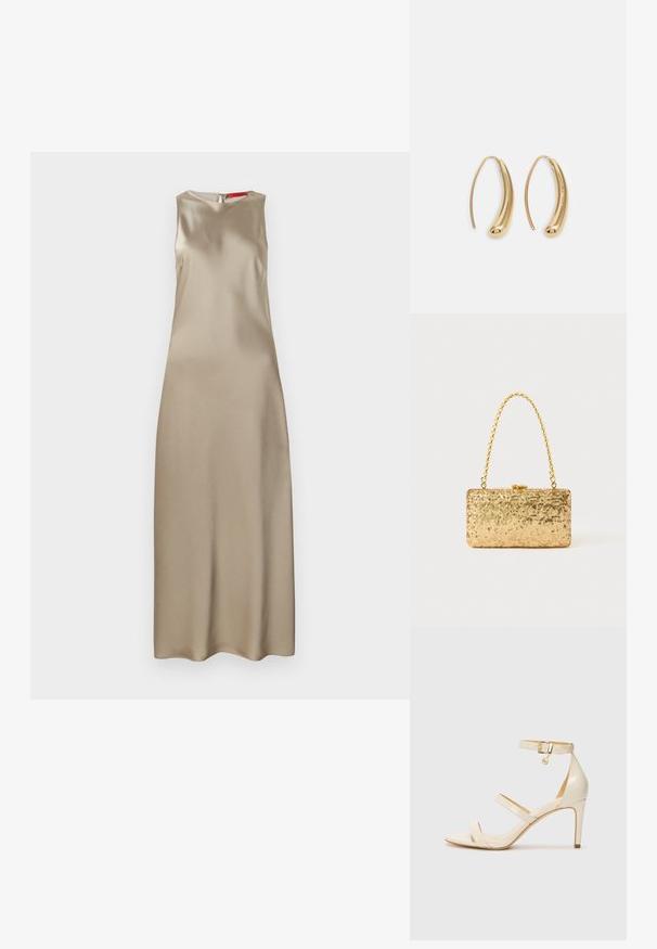 Mouwloze jurk van beige satijn, met een ronde halslijn, gestroomlijnde vorm en een ritssluiting aan de achterkant. Gladde textuur met minimale details.; Beige hoge hakken sandaal met dunne enkelband en twee bovenste banden. Glanzende lakafwerking en gouden hardware detail op de enkelband.; Gouden pailletten clutch in rechthoekige vorm, met een gedraaide kettinghandvat en een metalen sluiting, die het licht reflecteert met een gestructureerde afwerking.; Gouden metalen oorbellen in de vorm van een gebogen, verlengde hoop. Kenmerkend zijn het gladde, glanzende oppervlak en de afgeronde punt voor extra detail.