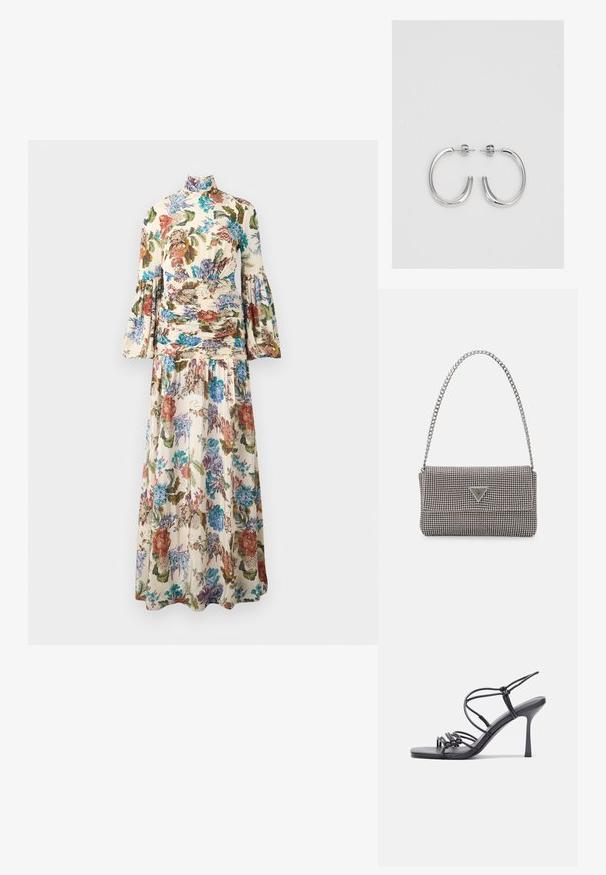 Malina THALIA DRAPED WAIST DRESS - Maxi šaty - multi coloured; Čierne sandále na vysokom podpätku majú tenké remienky s uzlovým dizajnom, hladký štvorcový špičku a elegantný stiletto podpätok.; Svetlošedá metalická kabelka s reťazovým popruhom, ozdobená malými kruhovými kovovými štítkami a trojuholníkovým logom značky.; Strieborné kruhové náušnice s hladkým a lesklým povrchom. Okrúhly tvar, ľahký dizajn, s uzáverom na kolík.