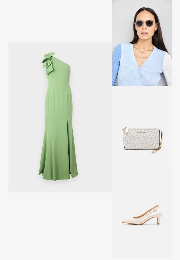 Ilga vienošalė žalia suknele, pagaminta iš lygios medžiagos, su didele kaspino detale ant peties ir šoniniu įpjovimu, kuris suteikia papildomą judrumą.; Balti slingback kulniukai su smailiu pirštu, lygia viršutine medžiaga, žemu blokuotu kulnu ir šoniniu išpjovimu su reguliuojamu sagtimi.; Apskriti saulės akiniai su tamsiais objektyvais ir auksiniais rėmeliais. Modelis vilki šviesiai mėlyną, raukinį kardiganą su mygtukais ir kontrastingomis baltomis rankovėmis.; Michael Kors rankinė smėlio spalvos dengto kanvoje su pakartotiniu MK logotipo raštu, auksinėmis detalėmis ir nuimamu grandininiu dirželiu.