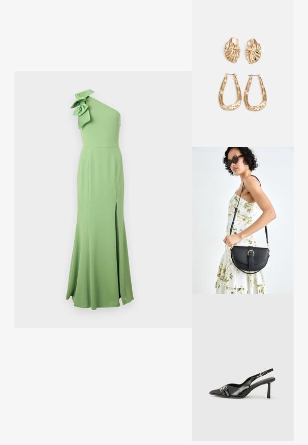 Jednodelna dug green haljina od glatkog materijala, sa velikim mašnom na ramenu i bočnim prorezom za dodatnu pokretljivost.; Crna lakirana slingback cipela s izduženim vrhom, remenčićima oko gležnja s srebrnim kopčama i dijelovima, te vitkim potplatom.; Crna kožna torba s lukovitim oblikom, odvojivim remenom i zlatnim detaljima. Torba ima preklop s kopčom.; Naušnice zlatne boje s teksturiranim, valovitim oblicima. Uključuju skulpturalne kopče i dizajn otvorene kružnice s kovanom završnom obradom.