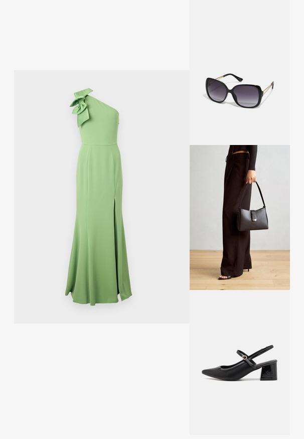 Abito lungo verde a spalla unica realizzato in tessuto morbido, con un grande dettaglio a fiocco sulla spalla e uno spacco laterale per un movimento maggiore.; Décolleté in vernice nera con cinturino dietro, punta affusolata, design con ritagli arrotondati e tacco a blocco. Presenta un accento di fibbia tono oro.; Occhiali da sole neri oversize con lenti sfumate, montatura spessa e dettagli in catena dorata sulle astine.; Borsa nera con forma strutturata, texture liscia e una chiusura metallica. Abbinata a pantaloni neri larghi e sandali open-toe su un pavimento in legno.