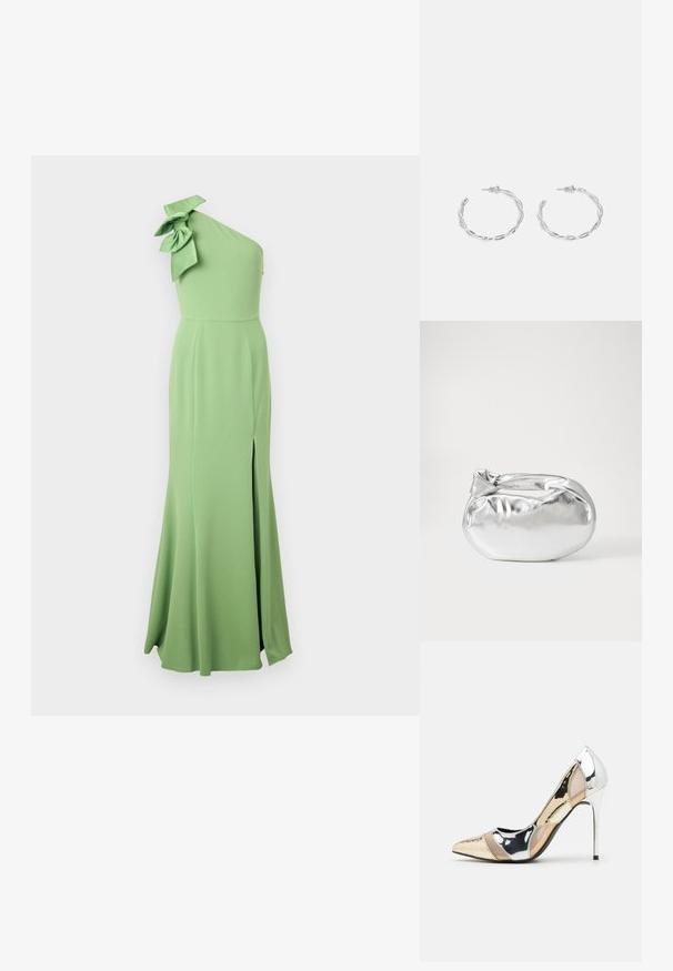 Viens plecs garš zaļš kleita, kas izgatavota no gludas auduma, ar lielu loku uz pleca un sānu griezumu, kas nodrošina papildu kustību.; Apspīlēta augstpapēžu kurpe ar zeltītu, sudrabi un neitrālu krāsu kombināciju. Spīguļojoša virsma ar izgriezuma dizainu, aprīkota ar stiletto papēdi.; Sudraba metāliska poga somiņa ar mīkstu, noapaļotu formu un mezgla augšējo aizdari. Izgatavota no gludas mākslīgās ādas materiāla.; Sudraba gredzenveida auskari ar savītu dizainu, kas ir ar pulētu apdari un ar aizmugurēju fiksāciju. Izmērs ir aptuveni 3 cm diametrā.