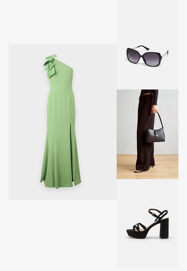 Rochie lungă verde, cu un umăr, confecționată dintr-un material fin, având un detaliu mare sub formă de fundă pe umăr și o fanta laterală pentru un plus de libertate în mișcare.; Sandale platform din suede negru cu tocul bloc, având curele încrucișate și o curea cu cataramă la gleznă pentru un fit sigur.; Ochelari de soare negri, supradimensionați, cu lentile degradate, rame groase și detalii cu lanț de ton auriu pe brațele templului.; Genți negre cu o formă structurată, textură netedă și un închizător metalic. Asortată cu pantaloni negri largi și sandale cu vârf deschis pe un podea din lemn.