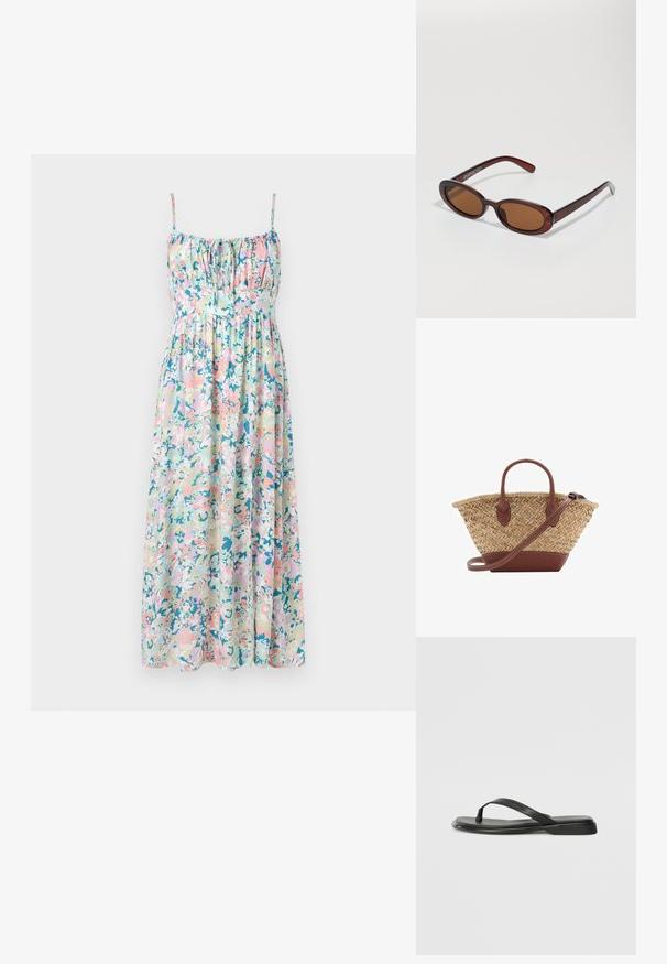 Floral maxi dress with adjustable spaghetti straps. Features pastel colors, gathers at the bust, and a flowing silhouette. Lightweight fabric.; Black flip-flop made of smooth leather, featuring a thin strap design and a flat sole with a minimal profile. No notable patterns or accents.; Round, brown-tinted sunglasses with a glossy burgundy frame. Slim arms with subtle branding detail. Flat lens design.; Woven straw basket bag with brown leather accents, two handles, and a detachable strap. Curved shape with a sturdy base.