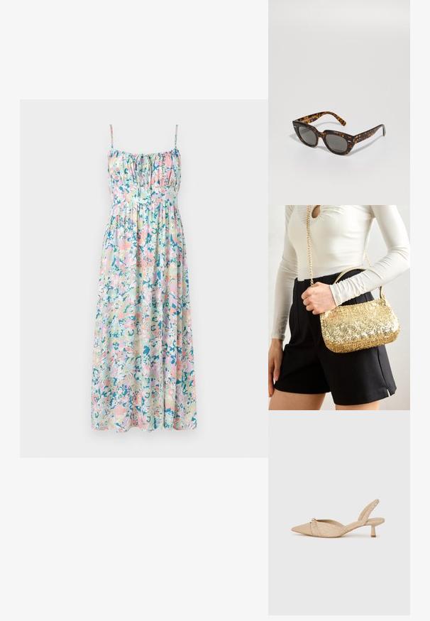Blumen-Maxi-Kleid mit verstellbaren Spaghetti-Trägern. Verfügt über Pastellfarben, Rüschen an der Brust und eine fließende Silhouette. Leichtes Material.; Beige Slingback-Pumps mit spitzer Zehe, Obermaterial aus strukturiertem Stoff mit Logo-Muster und 3 cm Absatz, akzentuiert durch ein goldfarbenes Detail.; Schildpatt-Sonnenbrille mit kantigen Rahmen und grauen Gläsern. Verfügt über eine glänzende Oberfläche und dezente Markenkennzeichnung an den Bügeln.; Goldfarbene Paillettenhandtasche in rechteckiger Form, mit einem kurzen Griff und einem langen Kettenriemen. Die Textur ist glänzend und reflektierend.