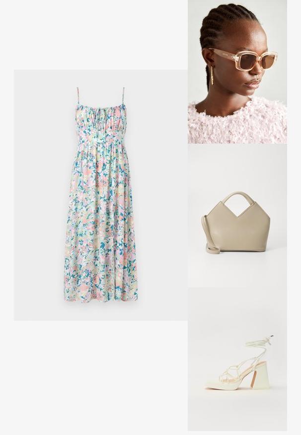 Floral maxi dress with adjustable spaghetti straps. Features pastel colors, gathers at the bust, and a flowing silhouette. Lightweight fabric.; White high-heeled sandal with a chunky heel, featuring a strappy design and ankle tie. Smooth texture with a platform front for added height.; Beige oversized sunglasses with a clear frame and brown tinted lenses, featuring subtle floral accents and bold, geometric design.; Beige structured handbag with a V-shaped top, smooth leather material, short handles, and a long adjustable strap. Minimalist design.
